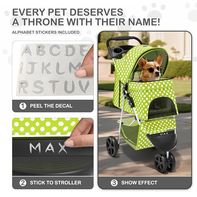 MoNiBloom Pet Stroller for Small/Medium Dogs and Cats, Lawn Green | Foldable Dog Stroller 3 Wheels Pet Strolling Cart w/ Storage Basket Cup Holder, Breathable and Visible Mesh for All-Season