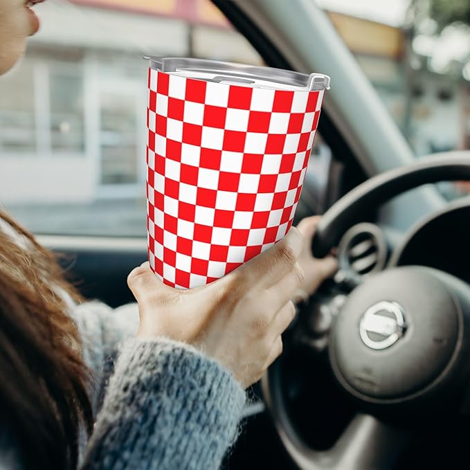 20 Oz Red White Checkered Tumbler for Hot & Cold Drinks, Insulated Coffee Travel Car Mugs, Stainless Steel Cup for Family Friends Birthday Present
