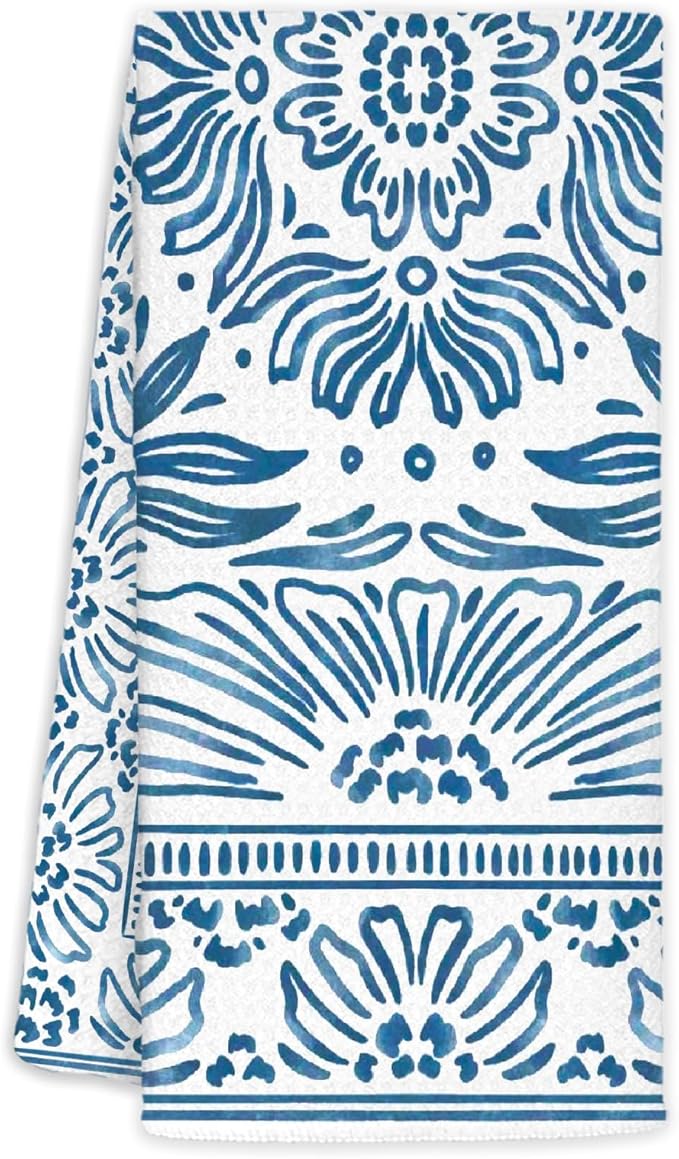 Vintage Boho Blue Floral Kitchen Towels Decorative, Art Deco Botanical Dish Towels, Blue and White Cottagecore Hand Towels Drying Cloth for Kitchen Bathroom Decor, 16x24 Inch