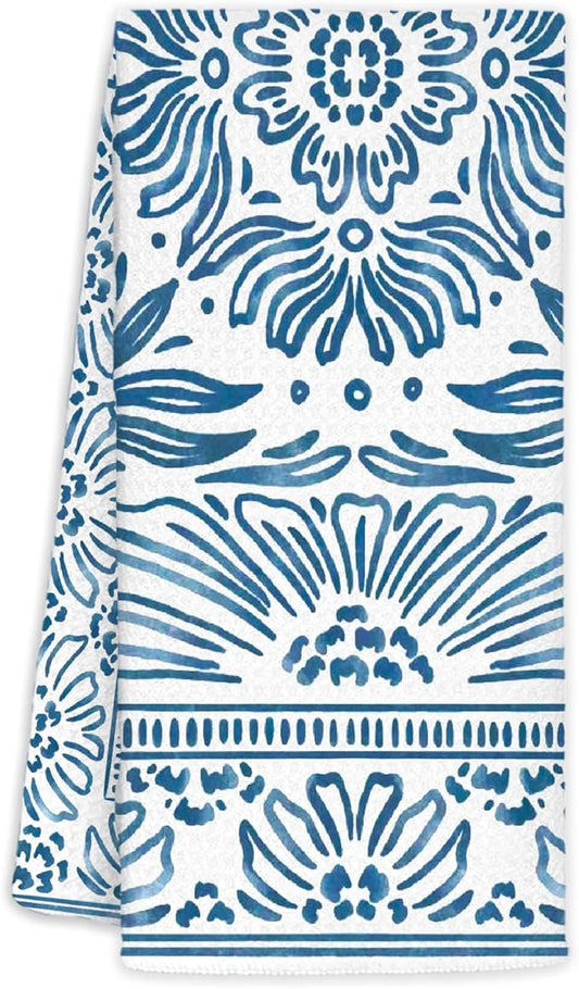 Vintage Boho Blue Floral Kitchen Towels Decorative, Art Deco Botanical Dish Towels, Blue and White Cottagecore Hand Towels Drying Cloth for Kitchen Bathroom Decor, 16x24 Inch