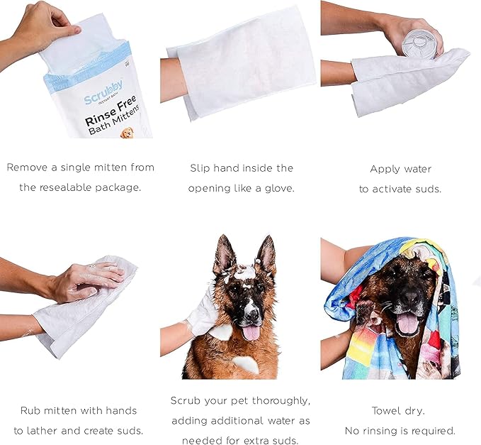 Scrubby Pet No Rinse Wipes | Rinse Free Shampoo Mittens | Dogs & Cats | Bath Wipes | Bathing & Washing Pets, Hypoallergenic | No Rinse Wash Mitt | Grooming, Lather Wipe Dry - Pack of 20