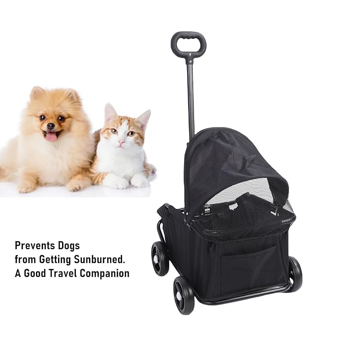 banapoy Foldable Pet Stroller with Canopy, 4 Wheels Pet Strolling Cart for Small Dogs Cats, Lightweight Easy Assembly, 1 Hand Fold, Outdoor Use (Black)