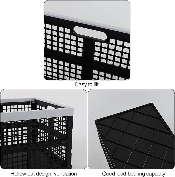 3-Pack 66 L Collapsible Milk Crates, Folding Plastic Storage Bins | Stackable Containers for Organizing, Foldable Crates 23.5 x 16.88 x 11.81 in, Black, Space-Saving Fold-Flat Design