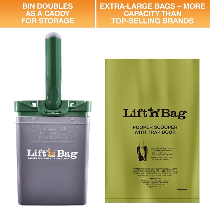 Neater Pet Brands Lift N’ Bag 2.0 Dog Pooper Scooper with Bag Attachment for Small to Large Dogs, New & Improved Design, 195 Refill Bags, Heavy Duty Dog Poop Scooper for Yard & Walks, One-Hand Use