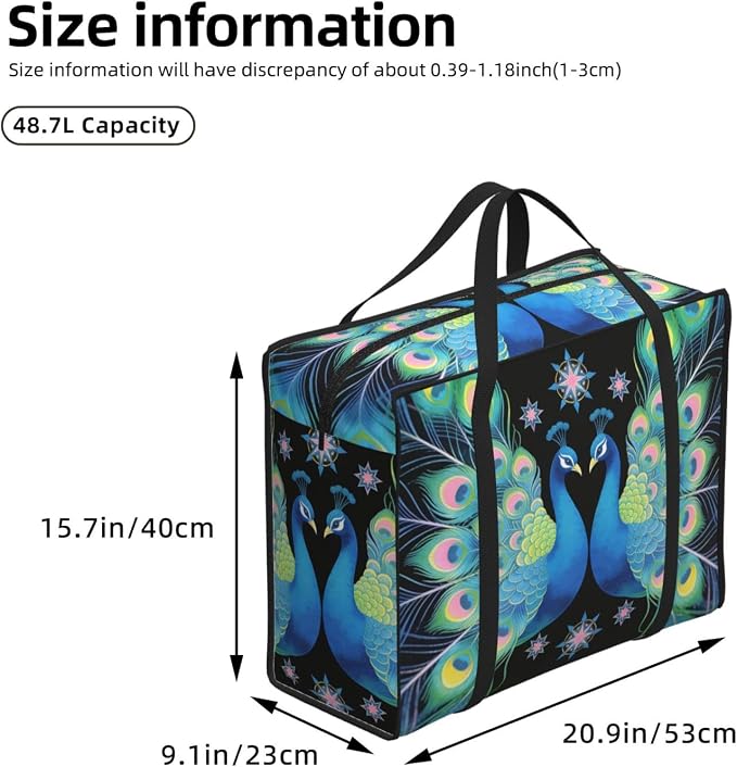 48.7L Large Storage Totes Peacocks With Mandala Romantic, Reinforced Handles Moving Totes with Strong Zippers for College Dorm Room
