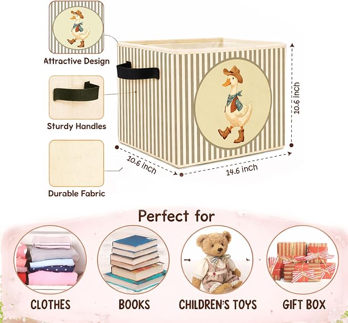 Cowboy Goose Storage Bin, Foldable Fabric Basket for Kids Room Nursery | Foldable fabric storage bin with western goose design for toys, books, clothes, nursery, bedroom, and playroom use.