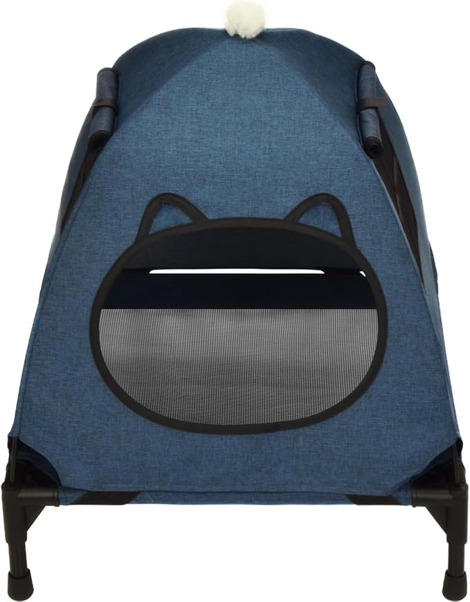 Pozico Elevated Pet Bed with Breathable Mesh for Small Cat and Dog, Raised Cooling Pet Cot for Puppy and Kitty, 18.9x18.9 inch (Navy Blue Bed with Canopy)