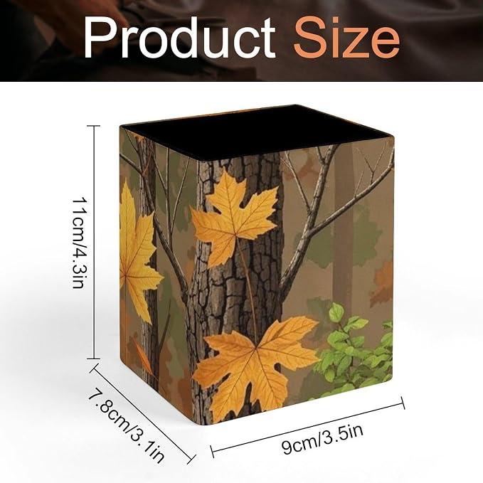 Pu Leather Pencil Cup for Men Women Desktop Square Pen Pencil Holder Hunting Camo Fall Maple Leaf Stationery Container Box for Office Supplies