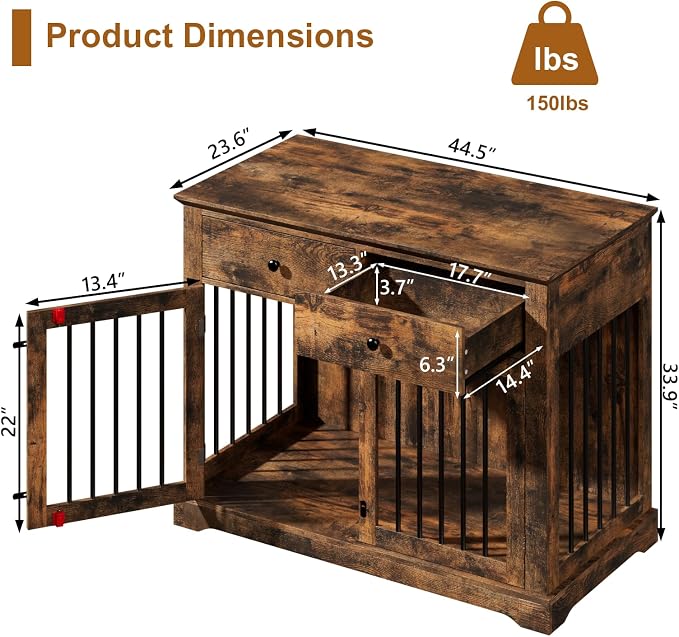 PUKAMI Large Dog Crate Furniture with 2 Drawers, 44 Inch Wooden Dog Kennel Indoor, Crate Furniture as Decorative End Table, Cage Furniture for Small Medium Large Dogs (Brown, 1-Pack Set)