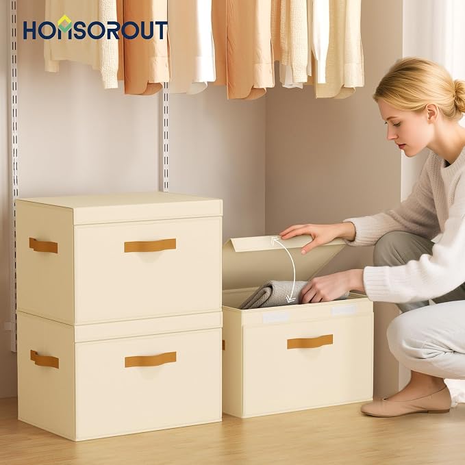 Homsorout Large Storage Bins with Lids - Front Opening Fabric Storage Bins, Flap Closet Organizer with Handles, Collapsible Boxes with Lid, Decorative Basket for Home, Dorm, 2 Pack, Beige