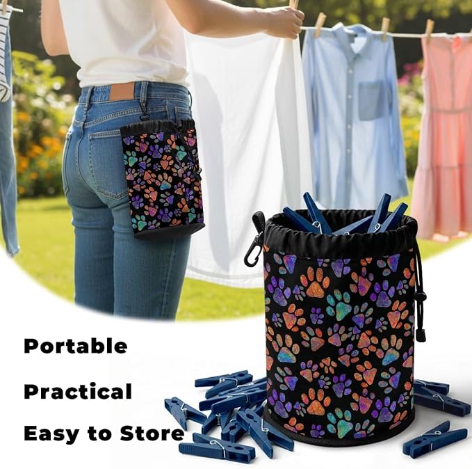Dog Paw Portable Clothespin Organizer Bag, Drawstring Laundry Peg Storage Pouch with Hanging Loop, Compact Clips Holder for Drying Rack, Camping, Beach, Home