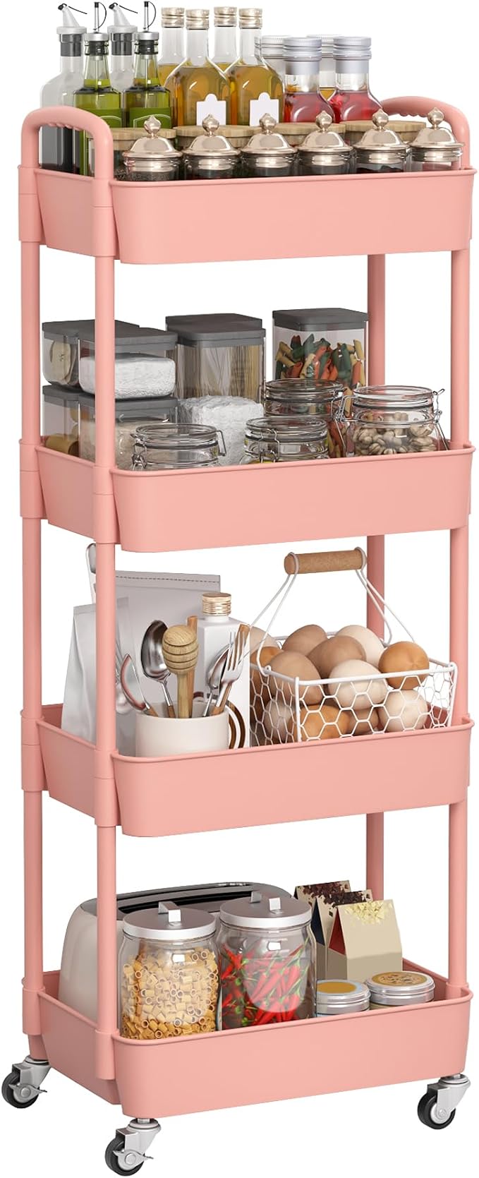 Sywhitta 4-Tier Plastic Rolling Utility Cart with Wheels for Storage, Pink | Multi-Functional Storage Trolley, for Office, Living Room, Kitchen, Bathroom,Movable Organizer,Space-Saving,Easy to assemble