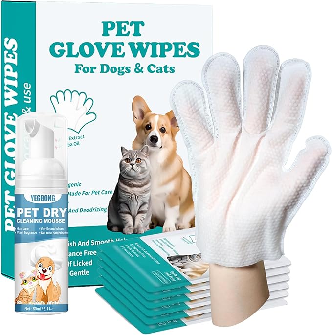 Pet Glove Wipes for Dogs & Cats, Travel-Friendly, with No-Rinse Foam Mousse for Enhanced Cleaning & Deodorizing, Extra Thick Hypoallergenic Design, Ideal for Large & Playful Puppies