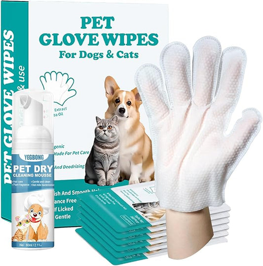 Pet Glove Wipes for Dogs & Cats, Travel-Friendly, with No-Rinse Foam Mousse for Enhanced Cleaning & Deodorizing, Extra Thick Hypoallergenic Design, Ideal for Large & Playful Puppies