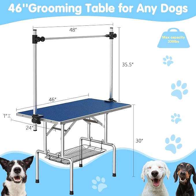 46'' Foldable Dog Grooming Table with Arms/Nooses/Mesh Tray, Blue | Stainless Steel Grooming Table for Dogs at Home, Adjustable Pet Bathing Station, Non-Slip Waterproof Tabletop, Capacity 330Lb