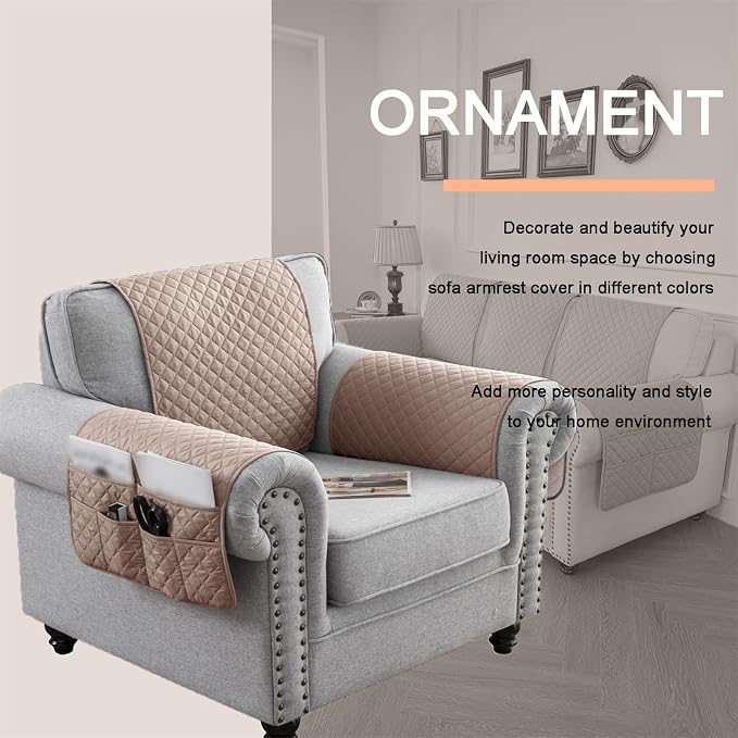 Water-Resistant Sofa Armrest and Headrest Covers with Side Pocket | Keep remotes close quilted polyester helps guard against wear, pet scratches, and kids' messes silicone backing adds grip