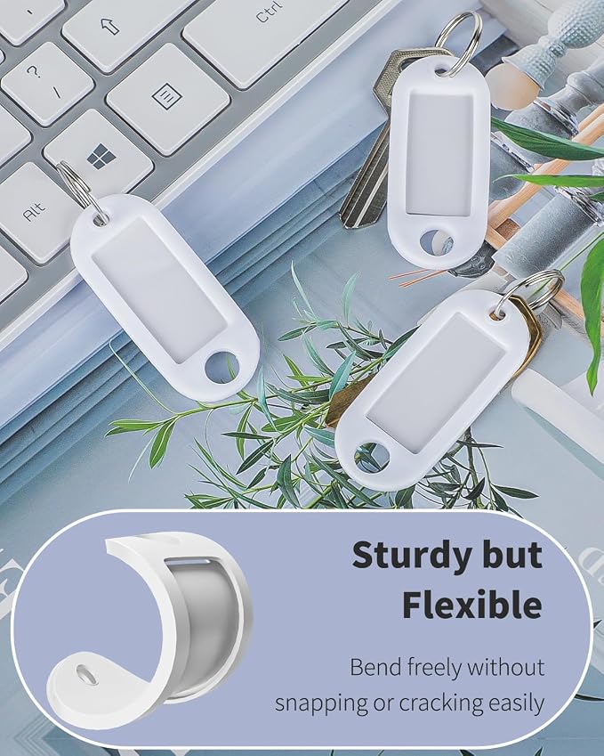 Uniclife 40 Pack Key Tags 2 Inch Plastic Key Chain Tags with Label, White | Writable key tags with clear windows, blank paper labels, protective films and split rings for easy item identification