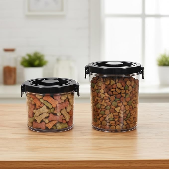 Dog Treat Container, Dog Food Storage with 2 Jars, Airtight Pet Treat Storage With Lids,Small Pet Food Container, Puppy Treats Bin for Kitchen Counter,Freshness Seal-Clear, Rotundity