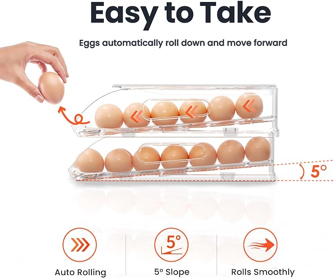 SMRCAD 18-Egg Dispenser with Silicone Bumpers, Auto-Rolling, Stackable | BPA-free food-grade PET | Stackable with lid | Built-in handle | 11.92"L x 8.85"W x 2.9"H | Hand wash only