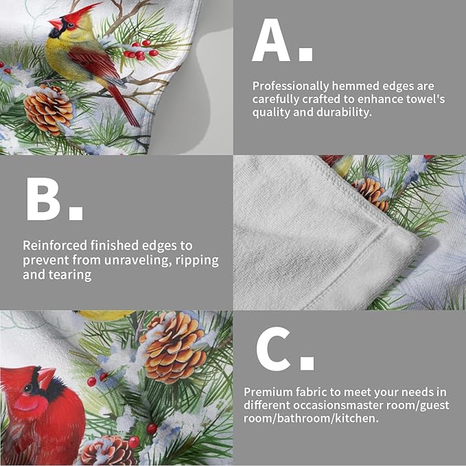 Giwawa Winter Birds Towel Set of 2 Christmas Red Birds Holly Berries Decorative Hand Towels Xmas Snow Pine Cones Soft Microfiber Face Towel Washcloth for Bathroom Guest Gym Spa Hotel Holiday