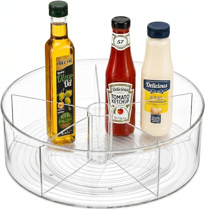 Divided Lazy Susan Turntable Organizer, 11.5" Clear Round Lazy Susan | Rotating Turntable Organizer, Plastic Lazy Susan Turntable, Rotating Storage Container Tray for Pantry, Fridge and Kitchen