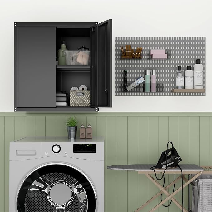 28" H Garage Storage Cabinet, Metal Garage Wall Cabinets with Doors and Shelves, Small Wall Mount Cabinet for Kitchen, Garage, Laundry Room, Pantry, Black