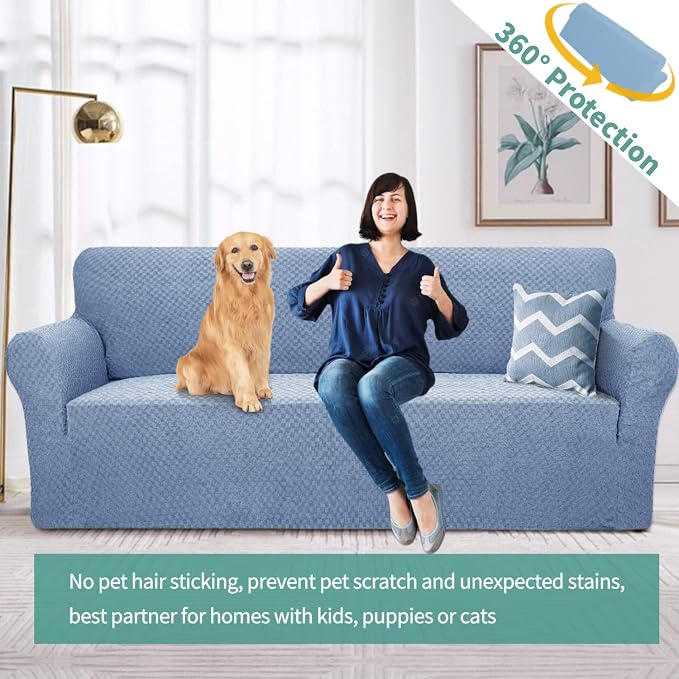 YEMYHOM Couch Cover Latest Jacquard Design High Stretch Sofa Covers for 3 Cushion Couch, Pet Dog Cat Proof Slipcover Non Slip Magic Elastic Furniture Protector (Large, Light Blue)