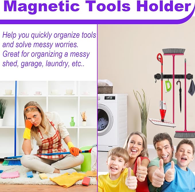 Heavy Duty Magnetic Mop Broom Holder with Swivel Hooks | Strong Magnet Mount Tool Hanger Organize System Utility Rack for Refrigerators Laundry Garage Kitchen