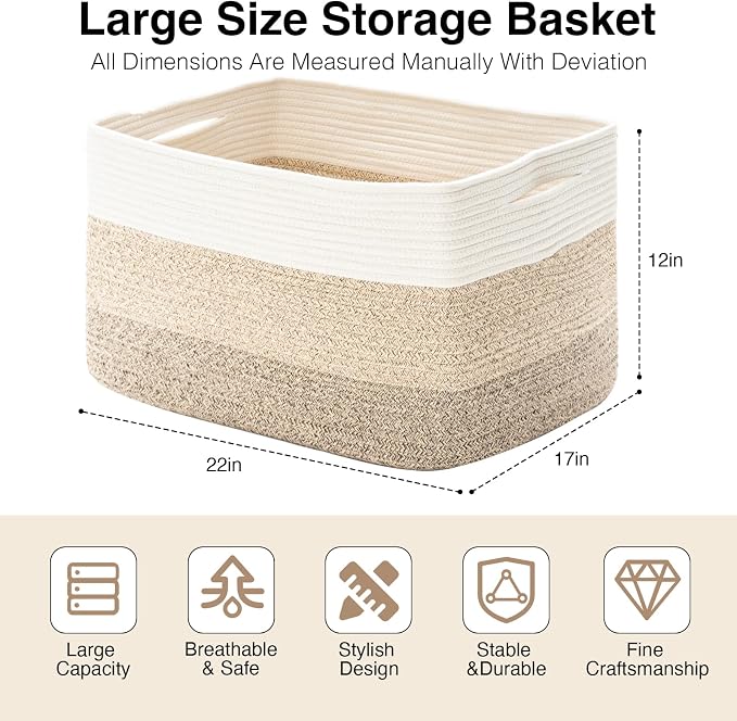 ICERZCZ Large Rectangle Blanket Basket, Large Storage Basket for Organizing, Cotton Rope Woven Basket for Storage with Handles, Baby Nursery Living Room Bedroom, 22”x17”x12”, 75L