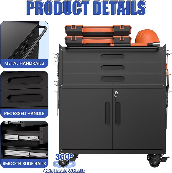 Metal Mobile Tool Storage Cabinet with 2 Locking Door and 3 Drawer | Black Heavy Duty Rolling Tool Cabinets for Garage,Metal Storage Cabinets with Wheels and Pegboard,Assembly Required