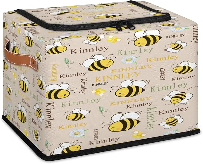 Personalized Beige Storage Basket with Name, Rectangle Toys Storage Bin with Handles Zipper Lid for Girls, Collapsible Basket for Clothes, Books, Cartoon Bee with Daisy Floral Beige