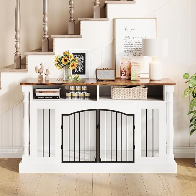 63" Large Dog Crate Furniture for Small & Medium Dogs, Roman Column Kennel Furniture with Semi-Open Storage, TV Stand Dog Cage Table, Heavy Duty Indoor Dog Kennel, White+Rustic Brown Top