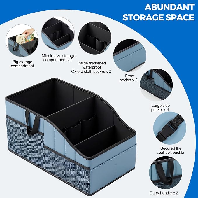 WHHMK Sturdy Leather Car Storage Support Up to 33 LB of Weight, Blue | Car Backseat Organizers, Front Seat Organizer, Floor Organizer and Storage Used for SUV Truck Toy Snack Water Bottle Holder