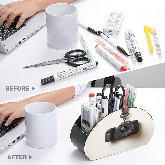 Camera Hanging on White Wall Remote Control Holder Desk Storage Organizer Box Container Remote Storage Box with 5 Compartments PU Leather Remote Caddy for Home Bedside Table Organizer