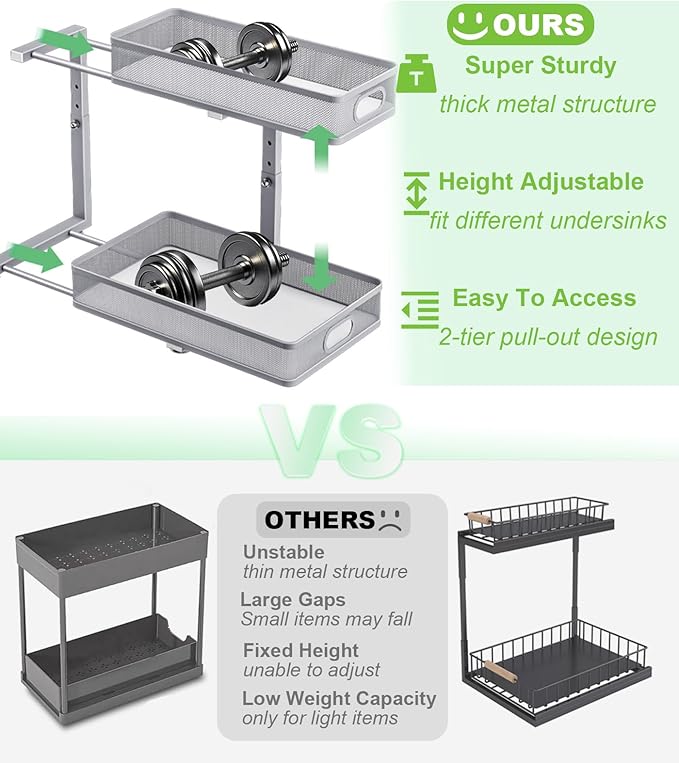 Under Sink Organizer 2 Pack, High Adjustable 2 Tier Under Sink Organizers and Storage, Slide out Metal Cabinet Organizers, Pull out Storage Drawer Shelf for Kitchen Bathroom Cabinet (Gray)