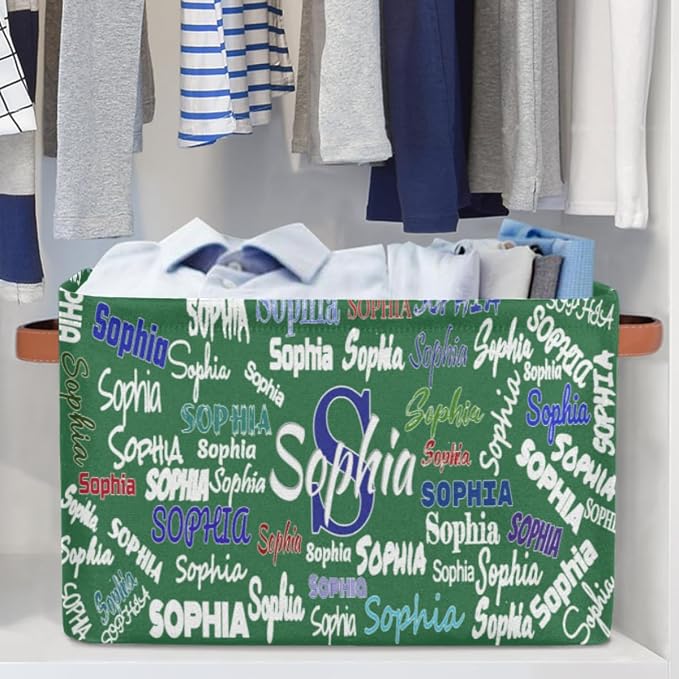 Personalized Kids Toy Box Name, Custom Nursery Baskets Cubes Box, Kids Custom Storage Basket Laundry Baskets Organizer with Handles, Deep Green Solid Background