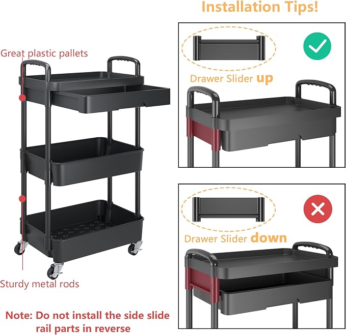 Calmootey 3-Tier Utility Cart with Drawer & Wheels, Storage for Home,Office | Space-Saving Organizer, Sturdy Plastic Shelves, Smooth-Rolling Metal Wheels, Built-in Drawer for Small Items, Black