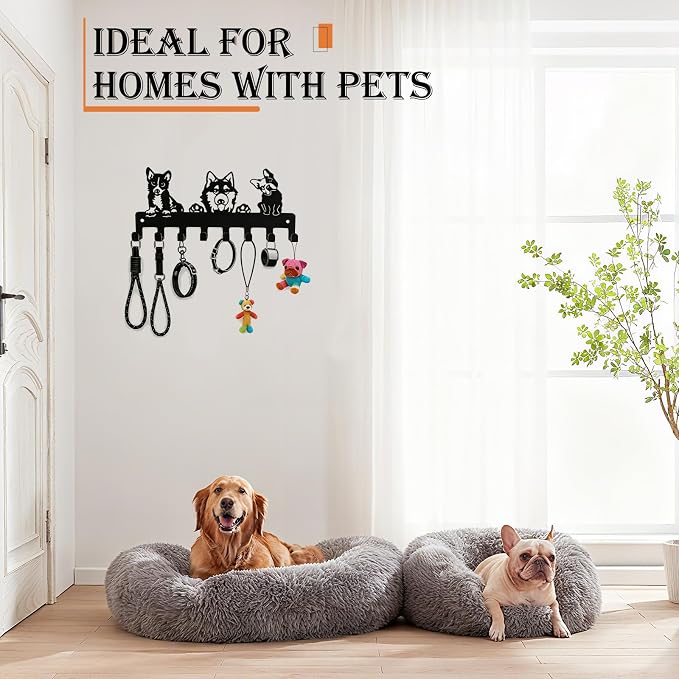 Dog Leash Holder for Wall, 8 Metal Hooks Key Holder Wall Mount, Screw Mounted Pet Leash Organizer for Harnesses Collars Keys Bags, Entryway Mudroom Garage Wall Rack