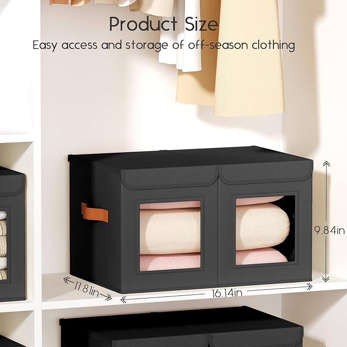 Homsorout Large Closet Storage Bins - Collapsible Divided Clothes Organizer with Lids & Dual Window, Fabric Organizing Bins for Clothes, Sweater, Bedroom, Office (Black, 4 Pack)