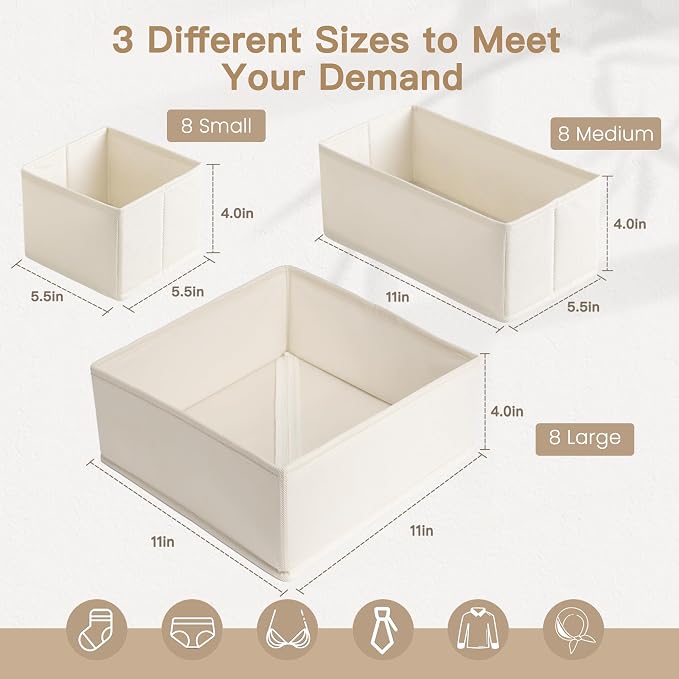 Drawer Organizer Clothes, 24 Pack Dresser Organizer for Baby Clothes, Underwear, Sock- Foldable Closet Organization and Storage Dividers Bins for Nursery, Bedroom and Dorm (Beige)