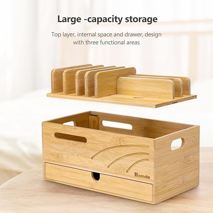 Homde Bamboo Charging Station Organizer: Charger Rack for Multiple Devices | Cable Cord Management Box with 6 Compartments and Drawer - Electronic Docking Stand for Chargers Phones Tablets (Natural)