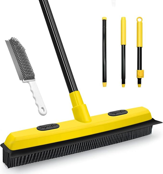Rubber Broom with Squeegee, Pet Hair Removal 52.8 inches Long Handle, Push Fur Remover Tool with Portable Detailing Lint Brush for Fluff Carpet, Window, Tile, Hardwood Floor Cleaning (Yellow)