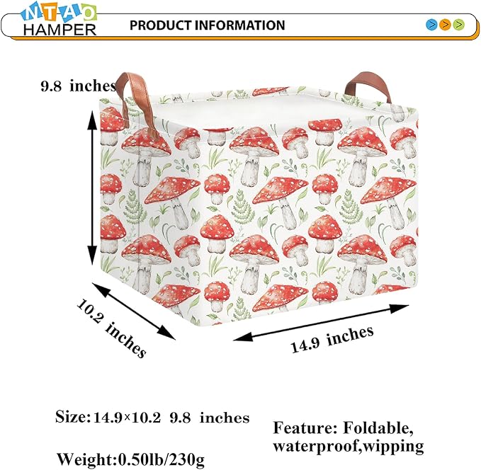 NTAOHAMPER Rectangular Storage Basket Empty,Storage Bin with Handles,Room Decor,Gift Basket,Book Box(Watercolor Mushroom)