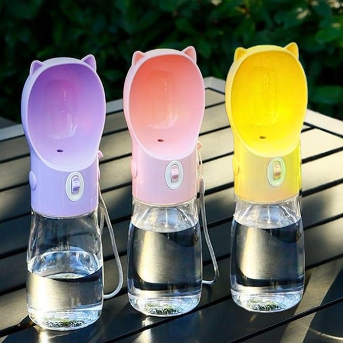 Dog Water Bottle Dispenser 380ml – Leak-Proof Lock, One-Hand Operation | Portable Pet Travel Water Bottle with Built-in Bowl | Pink