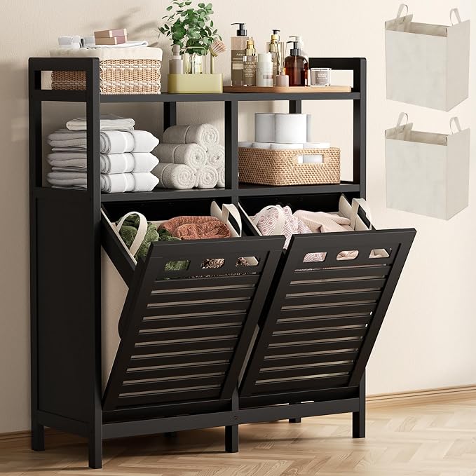 Homykic Tilt Out Laundry Hamper Cabinet, Bamboo Laundry Organizer, Black | 20 Gal Laundry Sorter with 2 Removable Liner Bags, Hidden Clothes Hamper with Shelf for Laundry Room, Bathroom, Closet