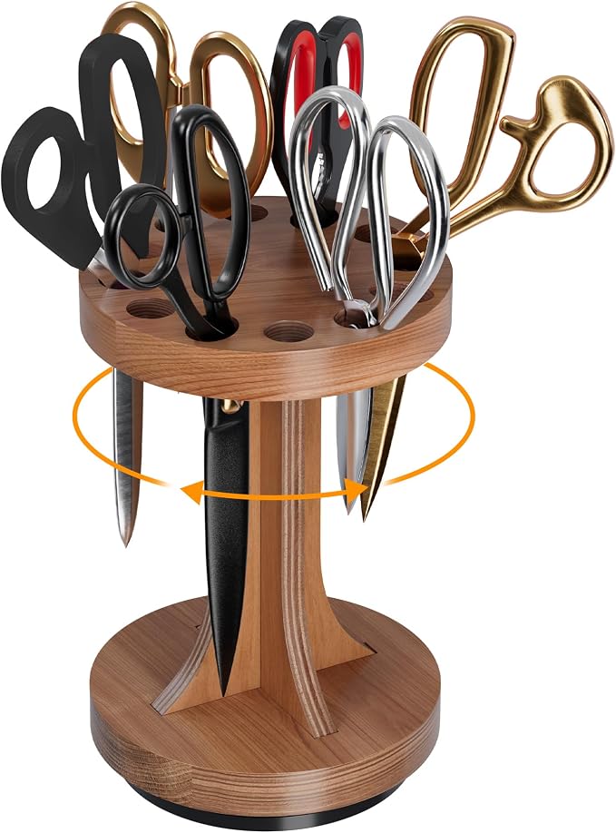 Rotating Scissor/Shear Holder, 12 Mixed-Size Slots for Sewing | No Assembly Required, Custom Fit for All Shears, 360° Swivel Base, Wooden Craft for Sewing, Kitchen & Pets