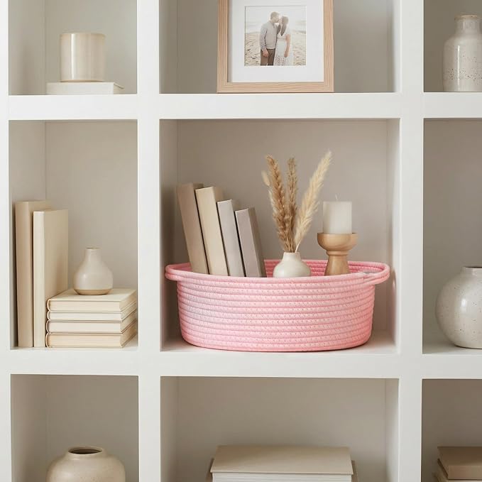 Pink Basket for Gifts Empty, 13"x9"x5" Small Woven Cotton Rope Baskets for Storage, Empty Gift Basket for Birthday, Easter, Christmas, Valentines, Cute Baby Nursery Organizer, Pink Room Decor