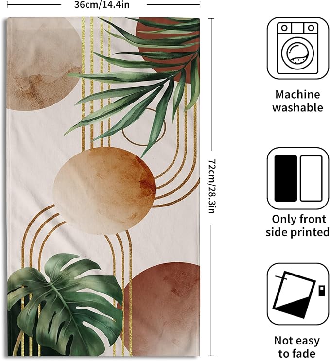 Giwawa Boho Tropical Leaf Towel Set of 2 Mid Century Abstract Gold Line Sun Hand Face Fingertip Towel Quick Dry Absorbent Dish Wash Cloth for Hotel Bathroom Gym Home Spa Decoration