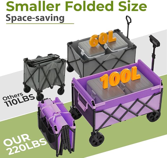Purple Small Collapsible Wagon Cart, Lightweight Folding Utility Cart with Wheels, 220lbs Capacity Portable Grocery Cart for Sporting Events, Garden, Shopping (Purple)