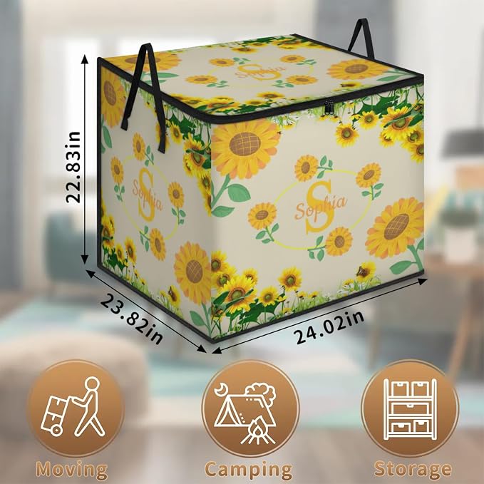 Custom Name Large Clothes Storage Organization with Lids, Kids Toys Bin Shelf Basket, Bedding Clothes Storage Bin for Nursery, Gift Basket, Sunflowers Dark Beige Background